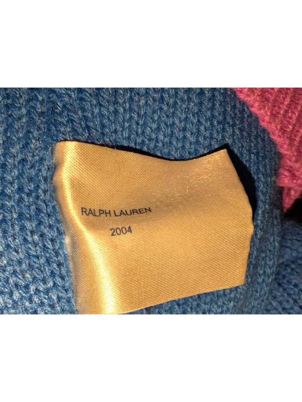 Ralph Lauren 2004 Blue Knit Teddy Bear With Purple Sweater & Green Scarf 12 Inch